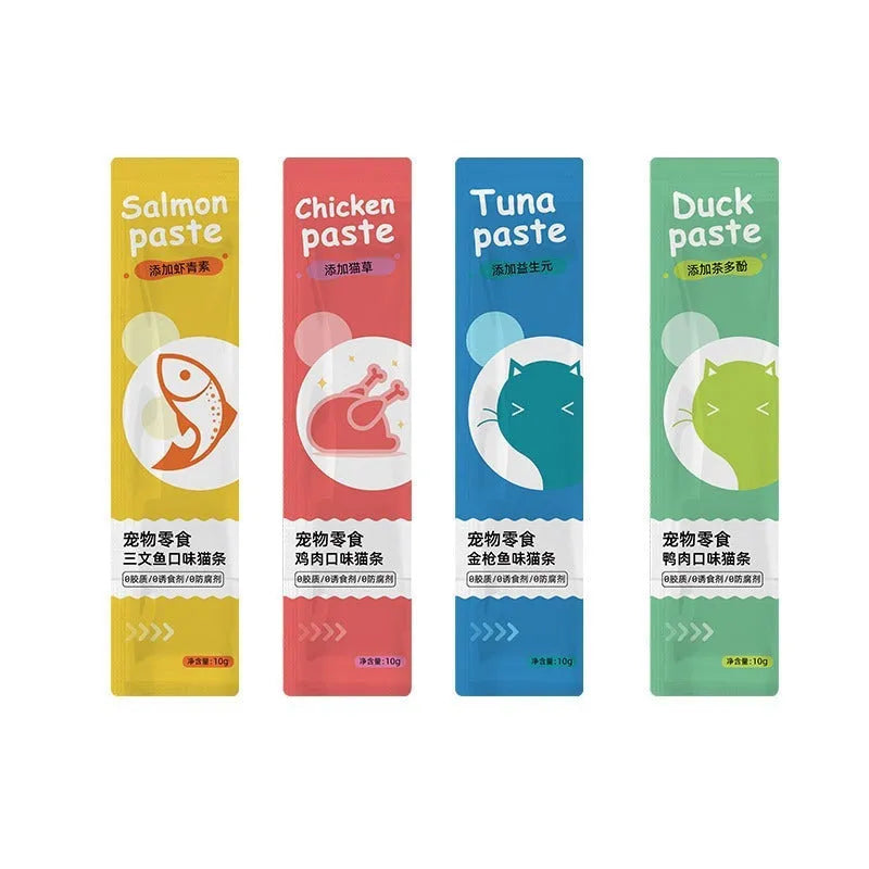 10-piece pack of cat strip snacks in four nutrition flavours for kitten development