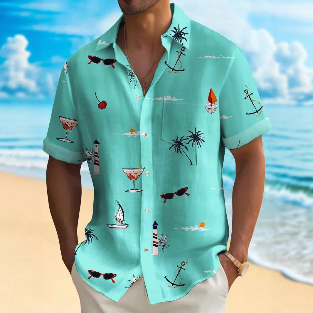 Man wearing a loose fit short sleeve Hawaiian shirt with a colourful digital print pattern.