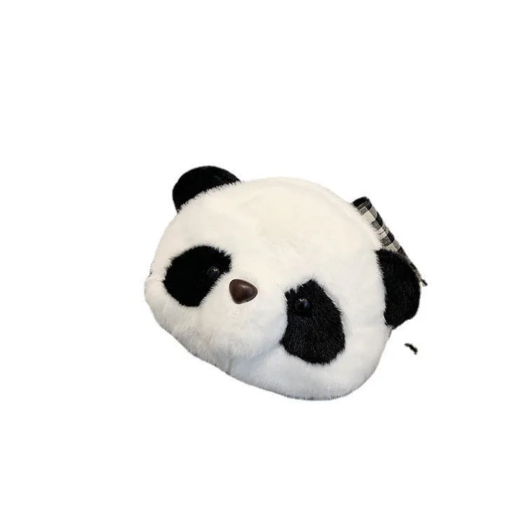 Cute plush crossbody bag with panda head design, cylindrical shape measuring 18×15×8cm