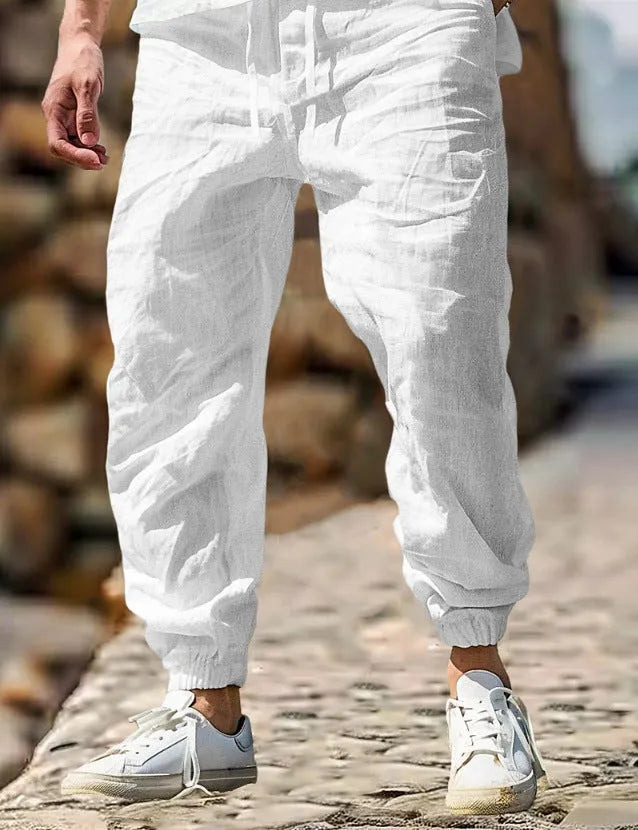 Men's straight-leg linen trousers with elastic waistband in seven summer colour options