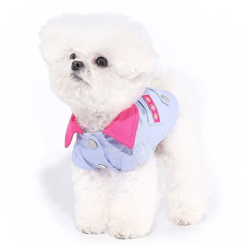 Blue and purple polyester vest for a small dog with a front metal D-ring for a lead.