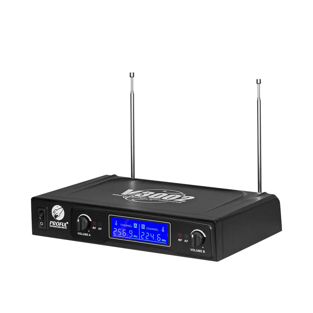V-3002 black wireless microphone set with two handheld microphones and transmitter unit