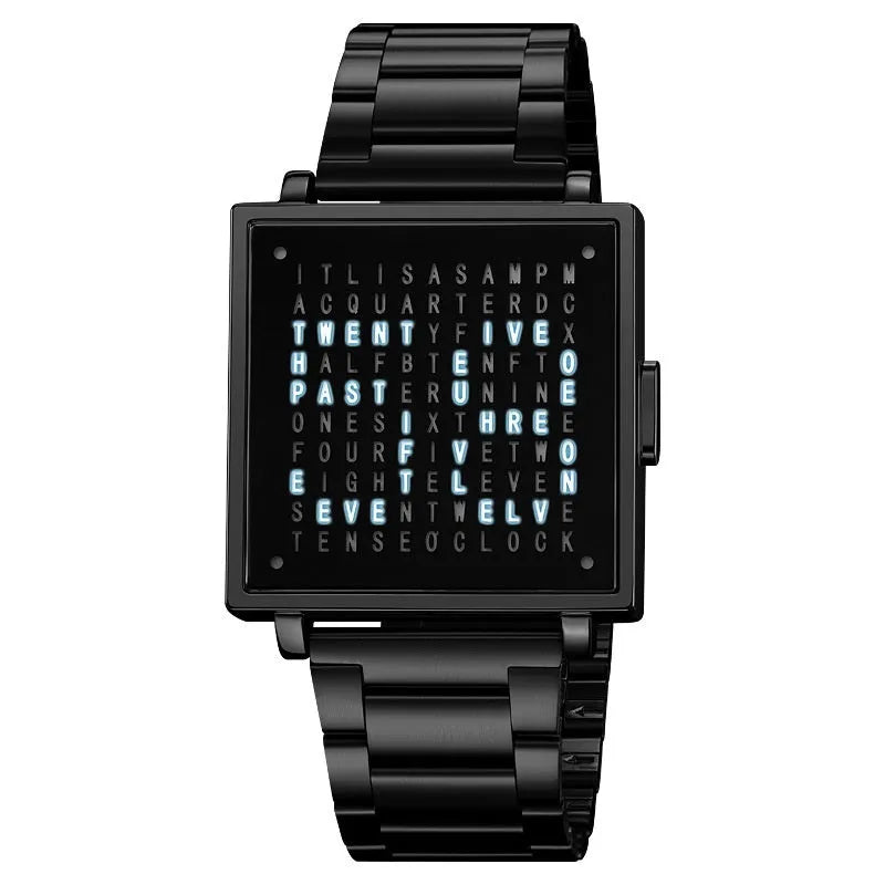 Fashion military digital wristwatch for men women with waterproof LED light and steel belt, black belt option shown