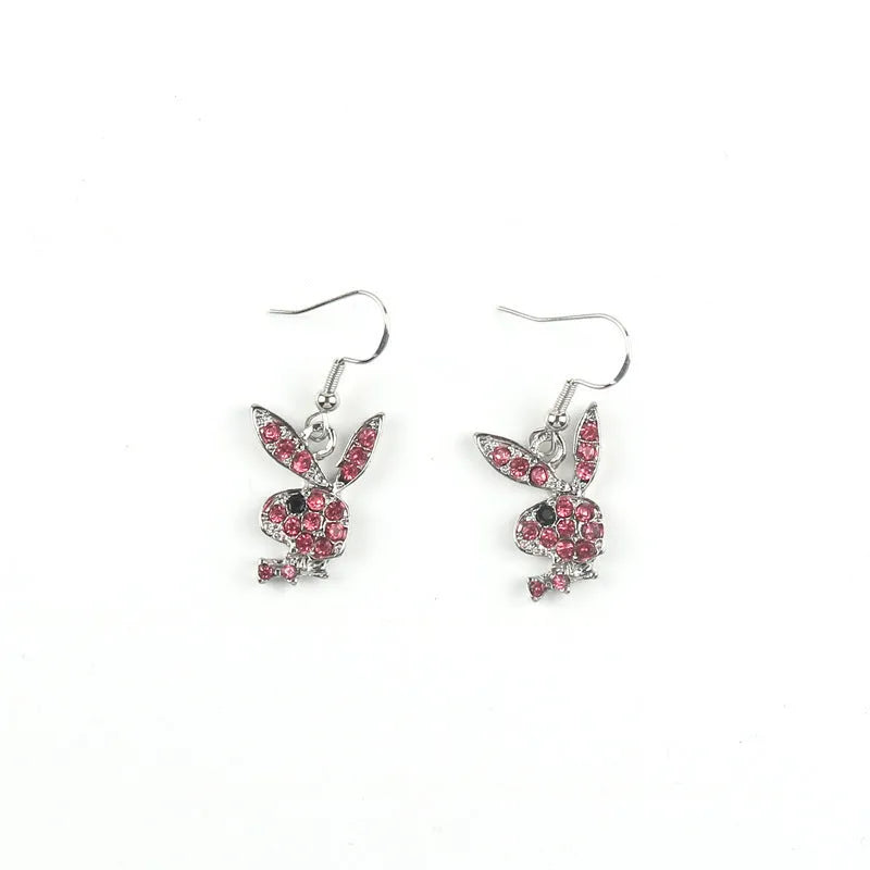Rabbit stud earrings with full diamond detail in silver, pink, or gold alloy metal