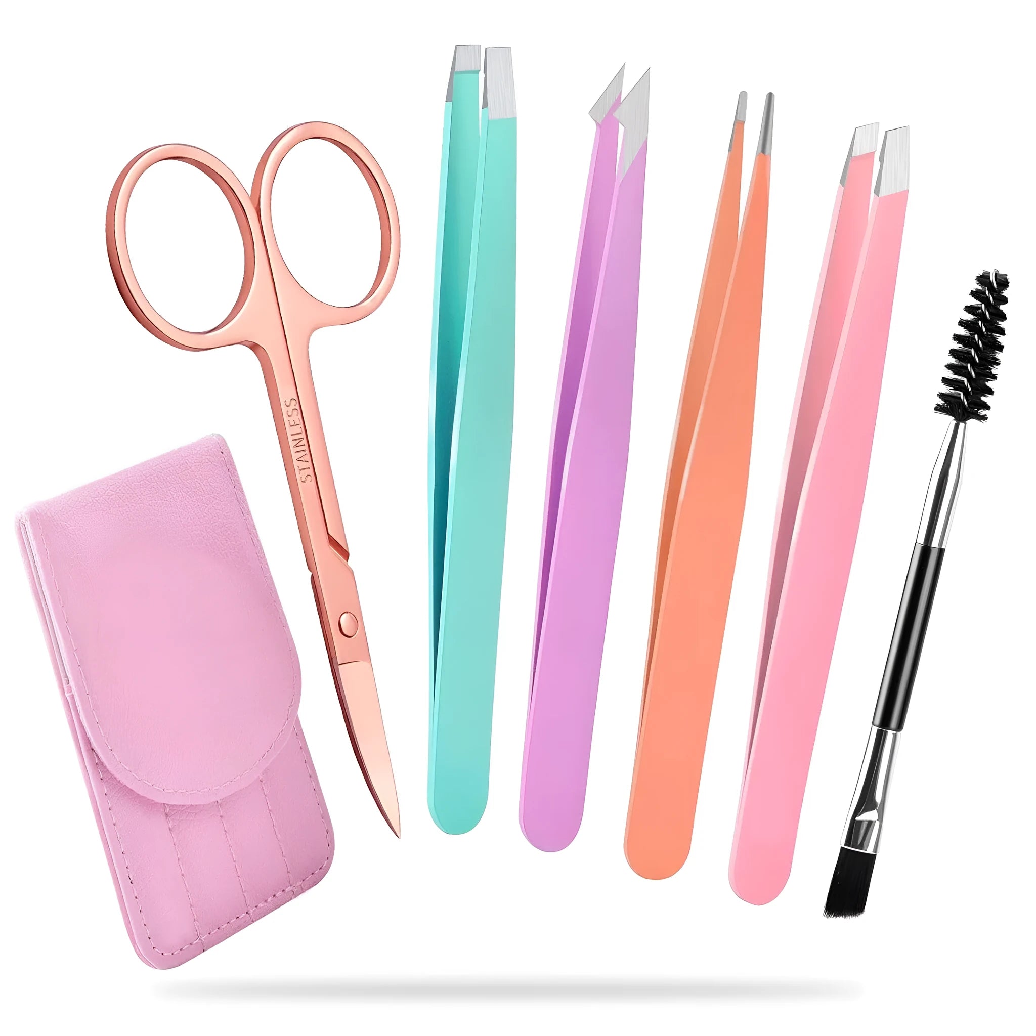 Six-piece stainless steel eyebrow tweezer set with slanted tips, curved scissors, brush, and leather case