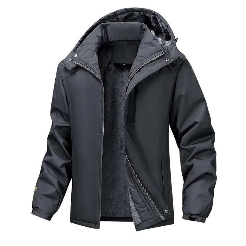 A man's loose-fitting hooded waterproof coat in army green, shown on a hanger.