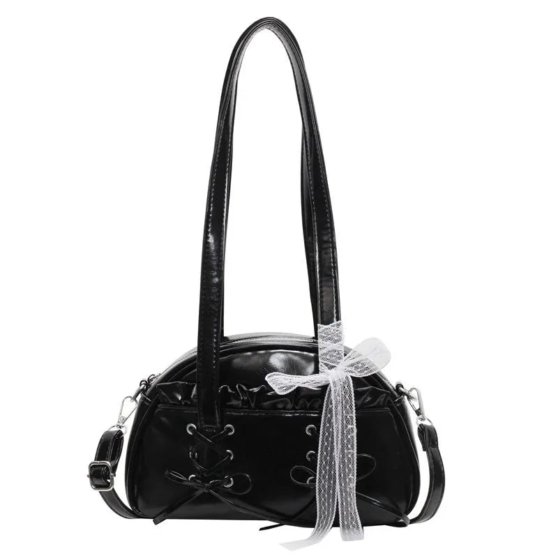 Women's casual PU shoulder handbag with a bandage bow and internal phone pocket in beige, black, blue, or pink.