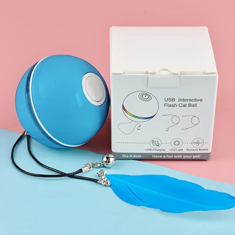 Electric cat toy with LED light and feather attachments in Pink colour on a white background