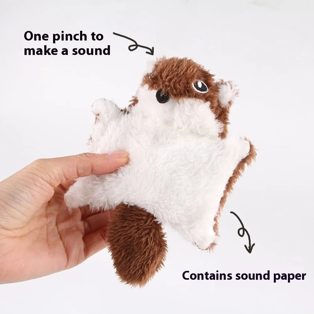 Plush flying squirrel cat teaser toy in brown with ringing paper sound feature