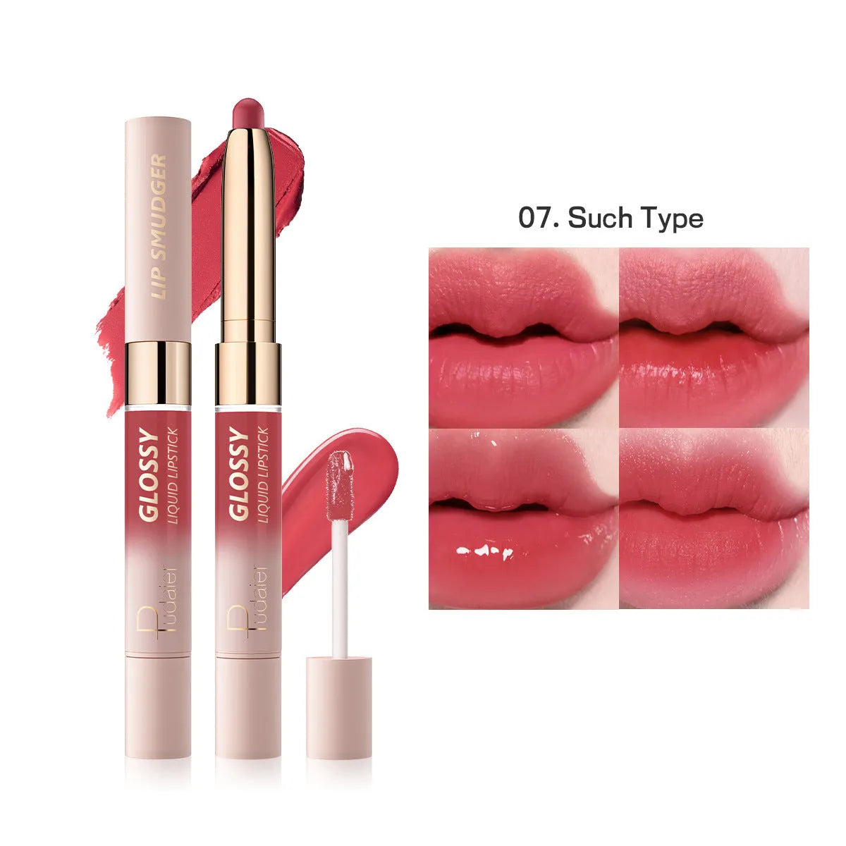 Double-headed lipstick and lip gloss cosmetic product showing matte and glossy ends