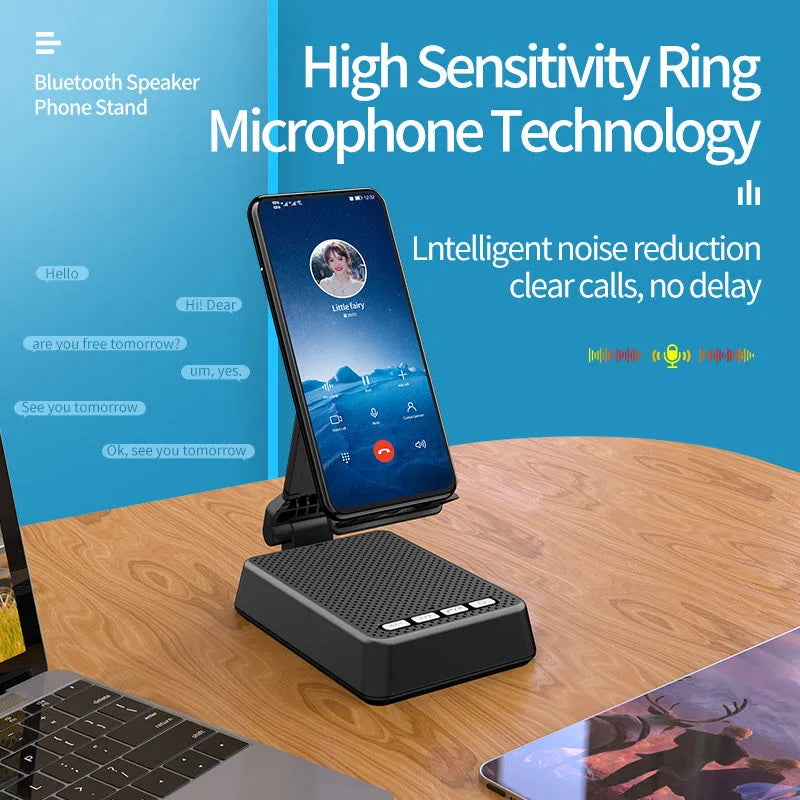 Black mobile phone broadcasting stand with integrated Bluetooth speaker and microphone on desk