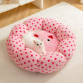 Pink fabric circular cat princess bed shown in two sizes: 45cm and 65cm diameter.