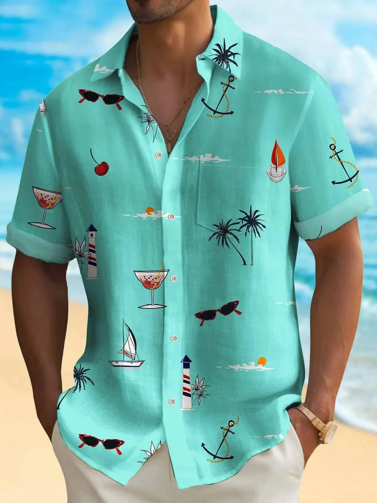 Man wearing a loose fit short sleeve Hawaiian shirt with a colourful digital print pattern.