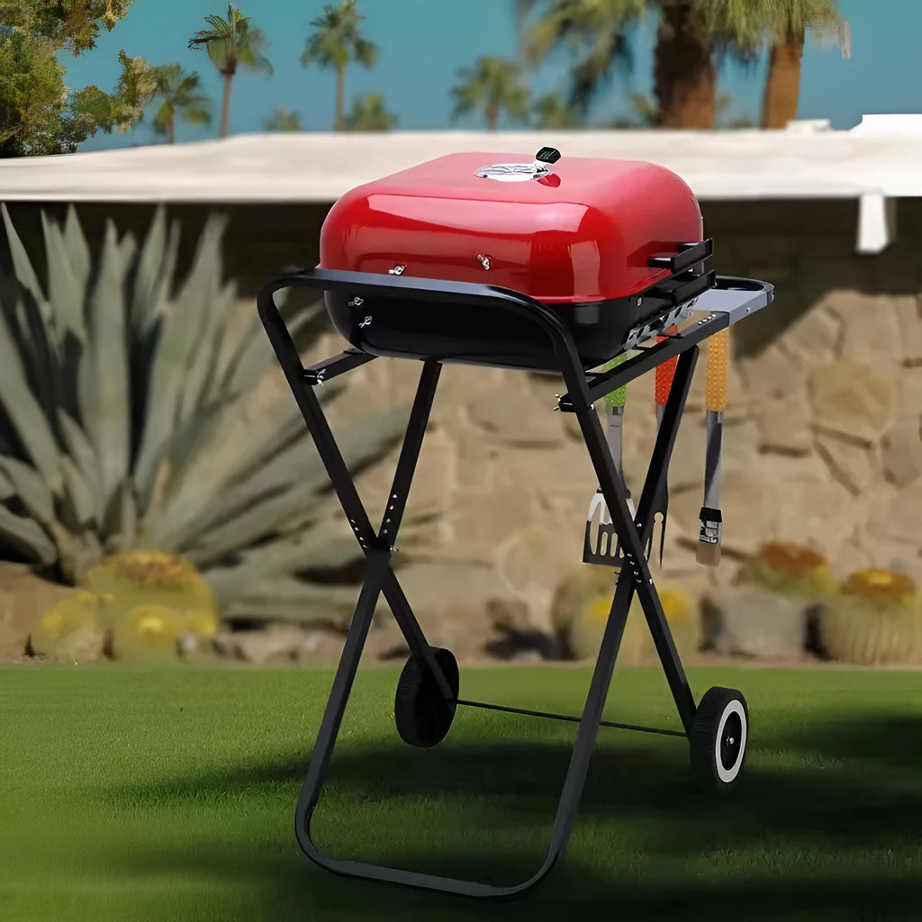 Outdoor courtyard barbecue grill with folding bicycle hand push, 42.5x50cm grill plate, and shelf