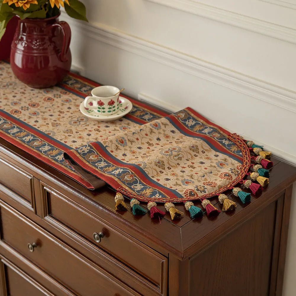 American floral polyester fringe table runner 40x180cm yellow green red for dining table decoration