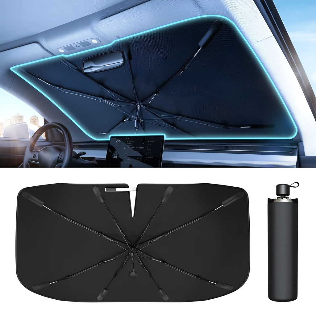 Silver windshield sun shade umbrella with spring structure edge for car interior sun protection