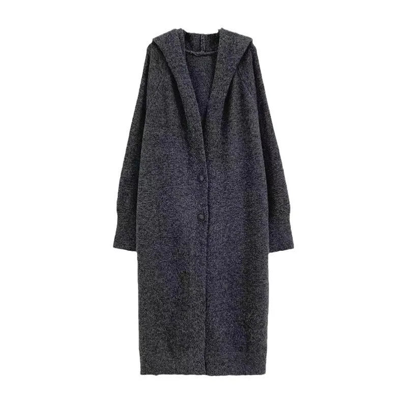 Korean style hooded long knitted cardigan for women in brown colour, below knee length