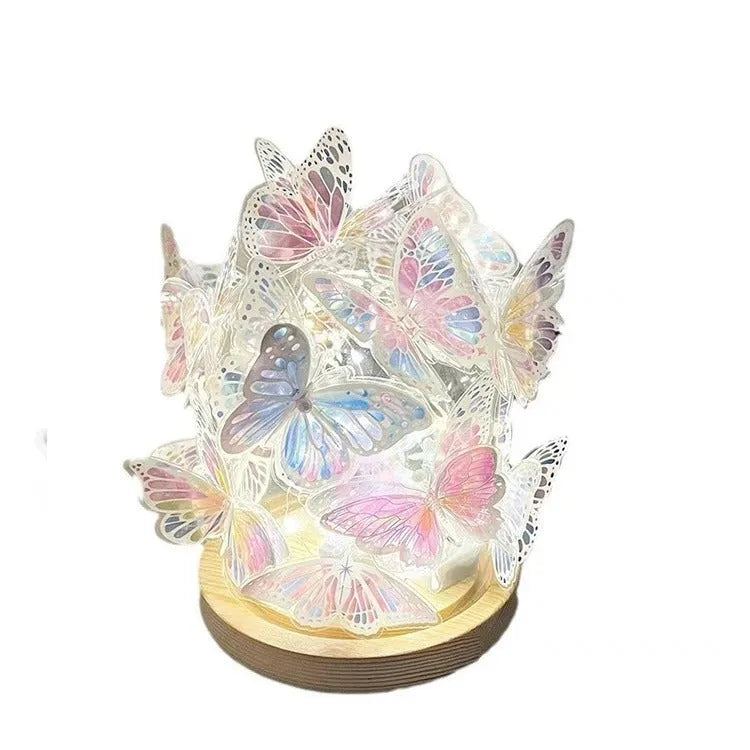 Butterfly night lamp DIY material package with glass lampshade and raw wood base measuring 12x15 cm
