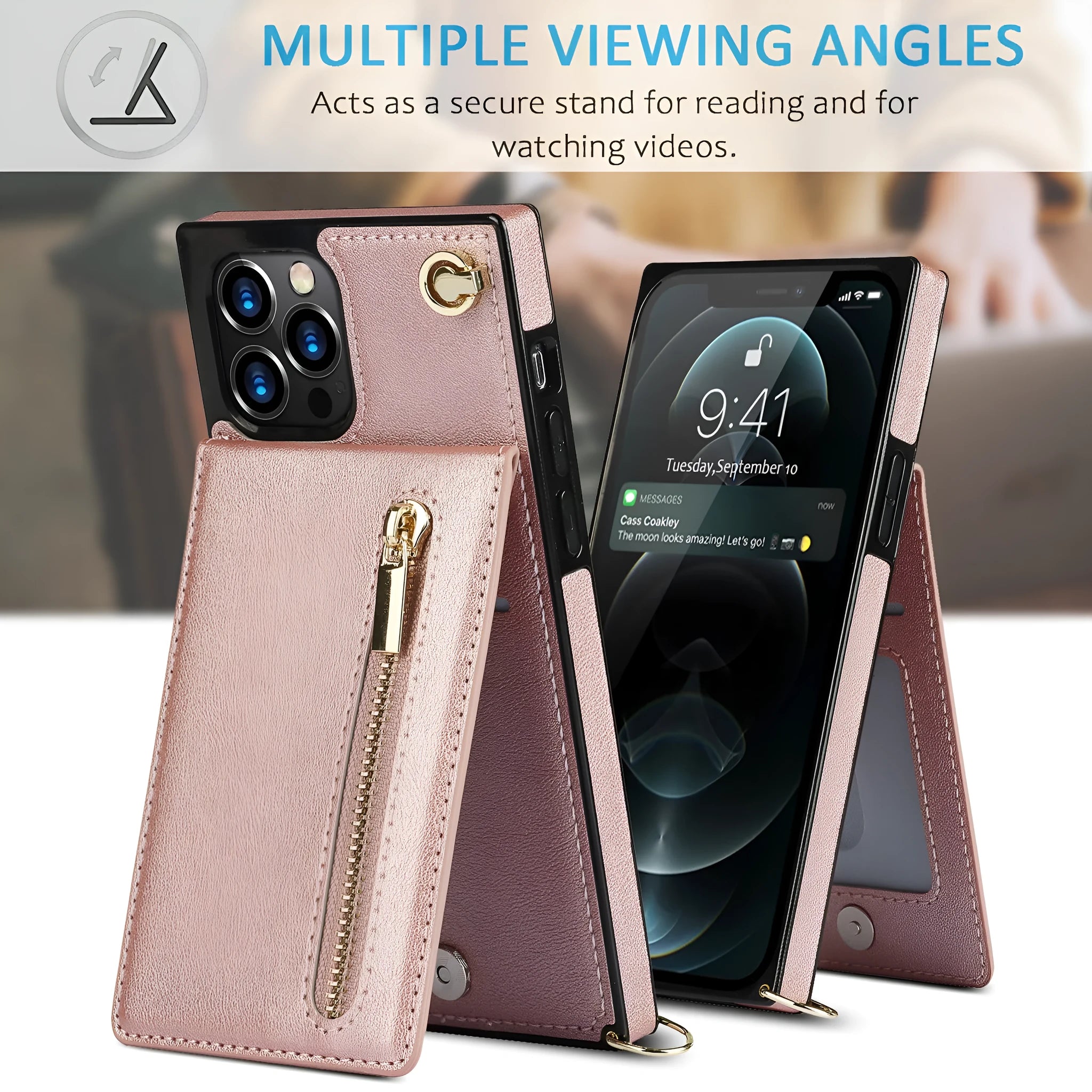Crossbody zipper phone case for iPhone 15 Pro Max in black TPU leather with lanyard and bracket