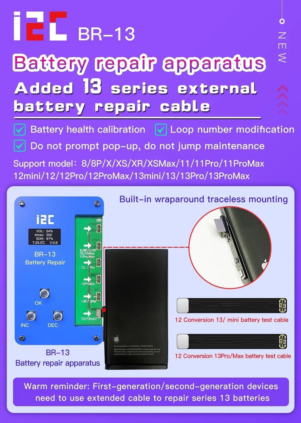 I2C battery data recovery instrument with BR-13 host unit and multiple iPhone battery cables on a repair mat