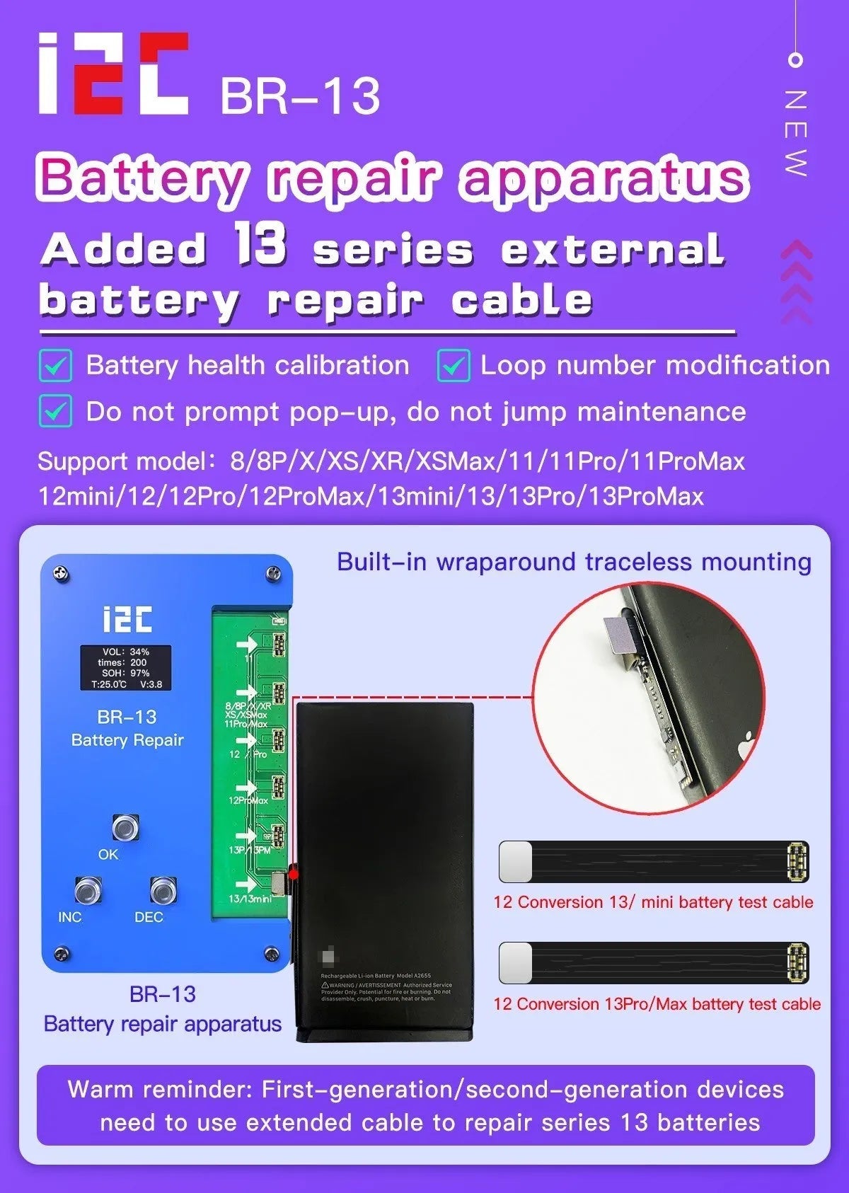 I2C battery data recovery instrument with BR-13 host unit and multiple iPhone battery cables on a repair mat