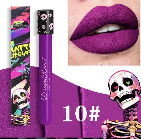 Halloween creative makeup lip gloss in skull-shaped test tube with retro matte gold and silver shades.