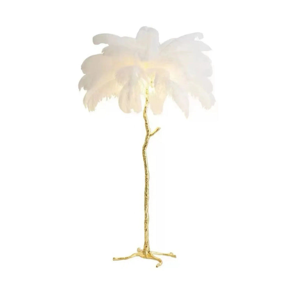 Tall resin feather floor lamp with a choice of white, pink or dark green feathers on a substantial base.