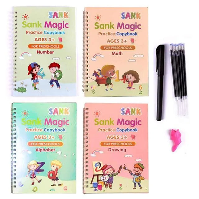 Magic calligraphy set with four spellbooks, pen and refills showing square 3D slot design