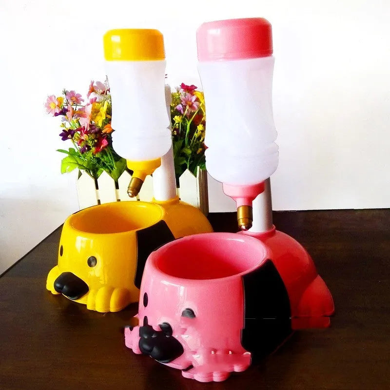 Rod lifting type adjustable pet drinking bowl in blue, pink, or yellow colours