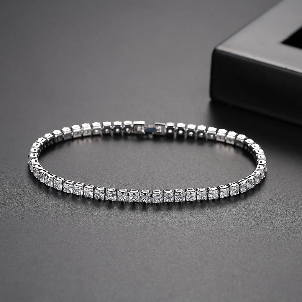 Simple copper tennis bracelet with zircon inlay for women, golden finish, geometric hot drilling style