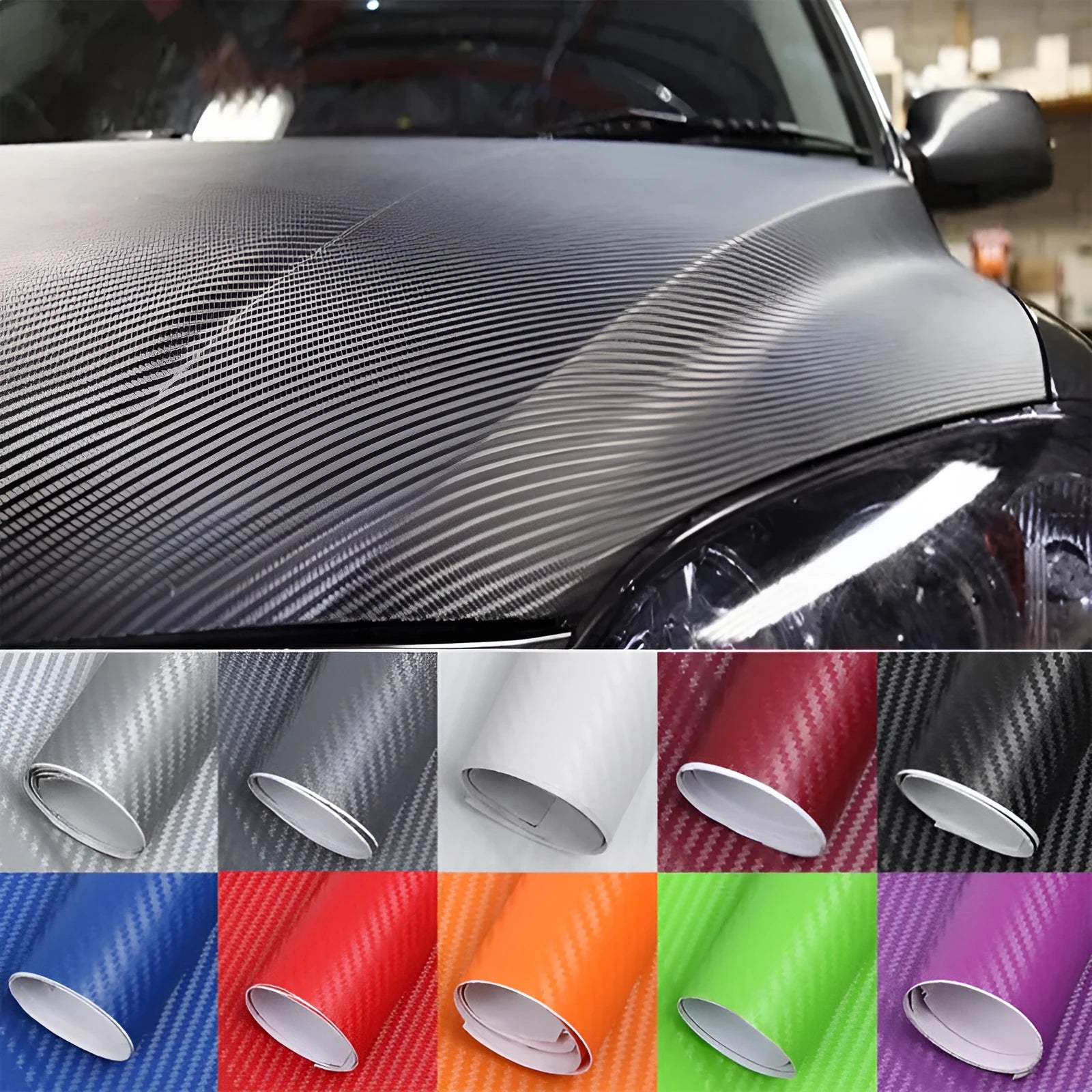 Roll of 3D carbon fibre car stickers showing textured pattern in multiple colour options