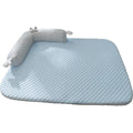 Blue big-eyed monster design pet bed cushion showing non-slip base and raised sofa style construction