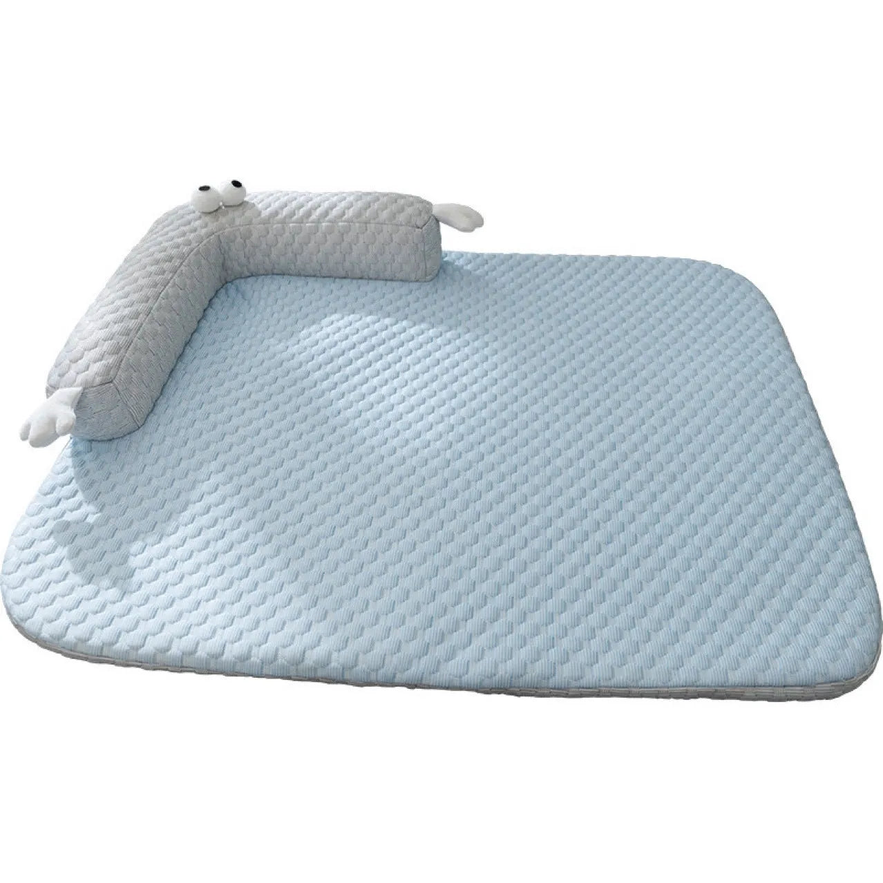 Blue big-eyed monster design pet bed cushion showing non-slip base and raised sofa style construction