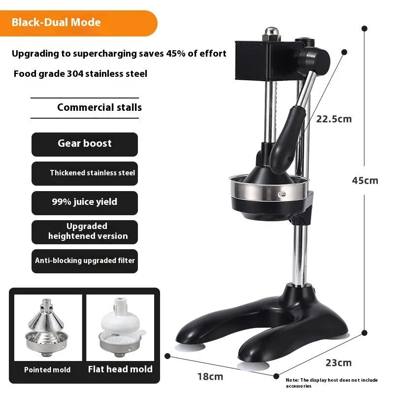 Vertical stainless steel manual juicer with zinc alloy frame in multiple colour options