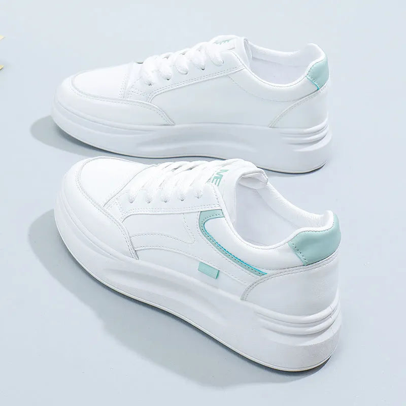 Women's casual sports board shoes solid colour artificial leather round head white green
