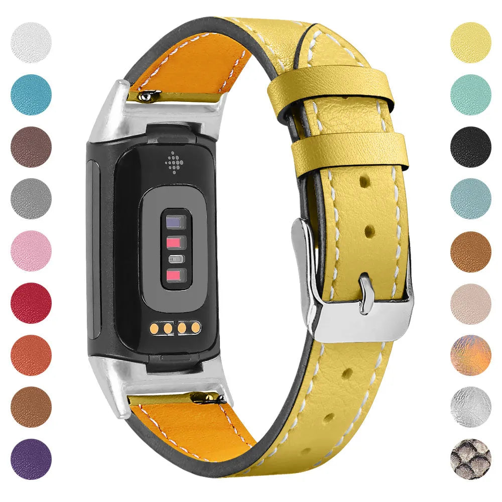 Genuine cowhide leather replacement watch strap for Fitbit Charge 5 and Charge 6 smartwatches.