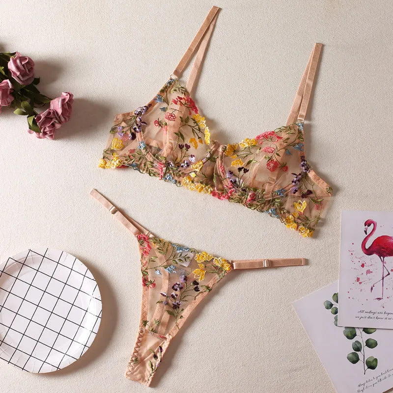 Floral mesh bra and T-back underwear set with steel ring detailing in skin colour option