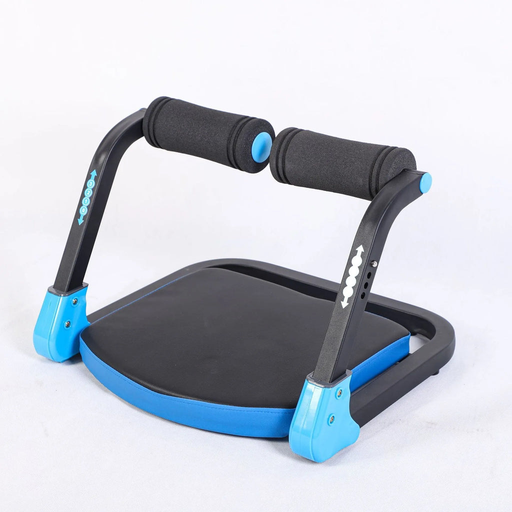 A compact red or sky blue multifunctional abdominal exercise device for home and office fitness.