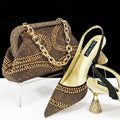 Women's pointed toe high heel shoes with rhinestone decoration and matching small bag in synthetic leather