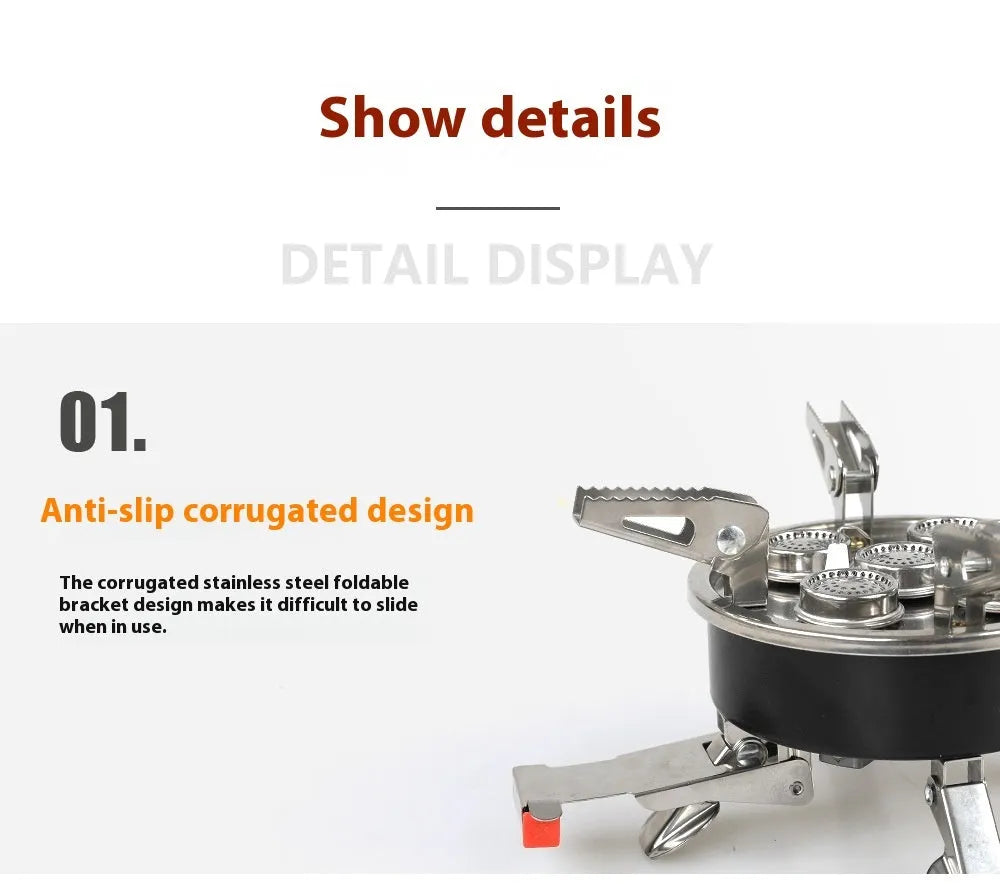 Silver stainless steel split camping stove with foldable design and 100cm gas hose