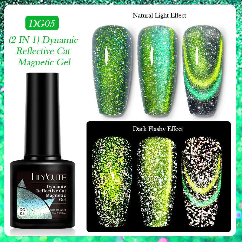 Diamond in the Debris Cat Eye Series nail polish gel bottles in six colours with glitter and fragment texture