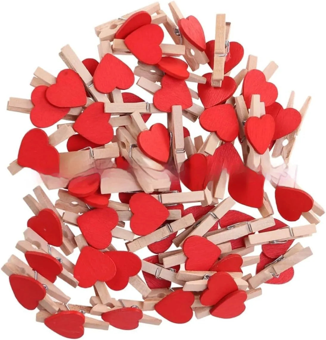 Five handmade solid wood heart-shaped hair clips in red, white, pink, yellow, and rose colours