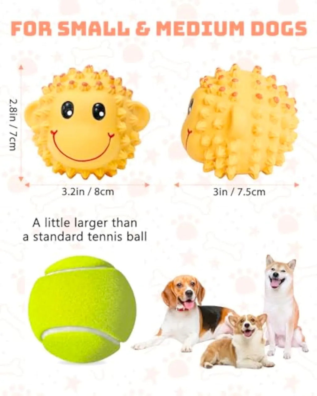 Orange and yellow spiky latex dog toys with squeaker for teeth cleaning during fetch play