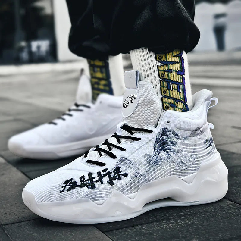 Luminous high-top basketball shoes with mesh upper and graffiti pattern for children in multiple colours