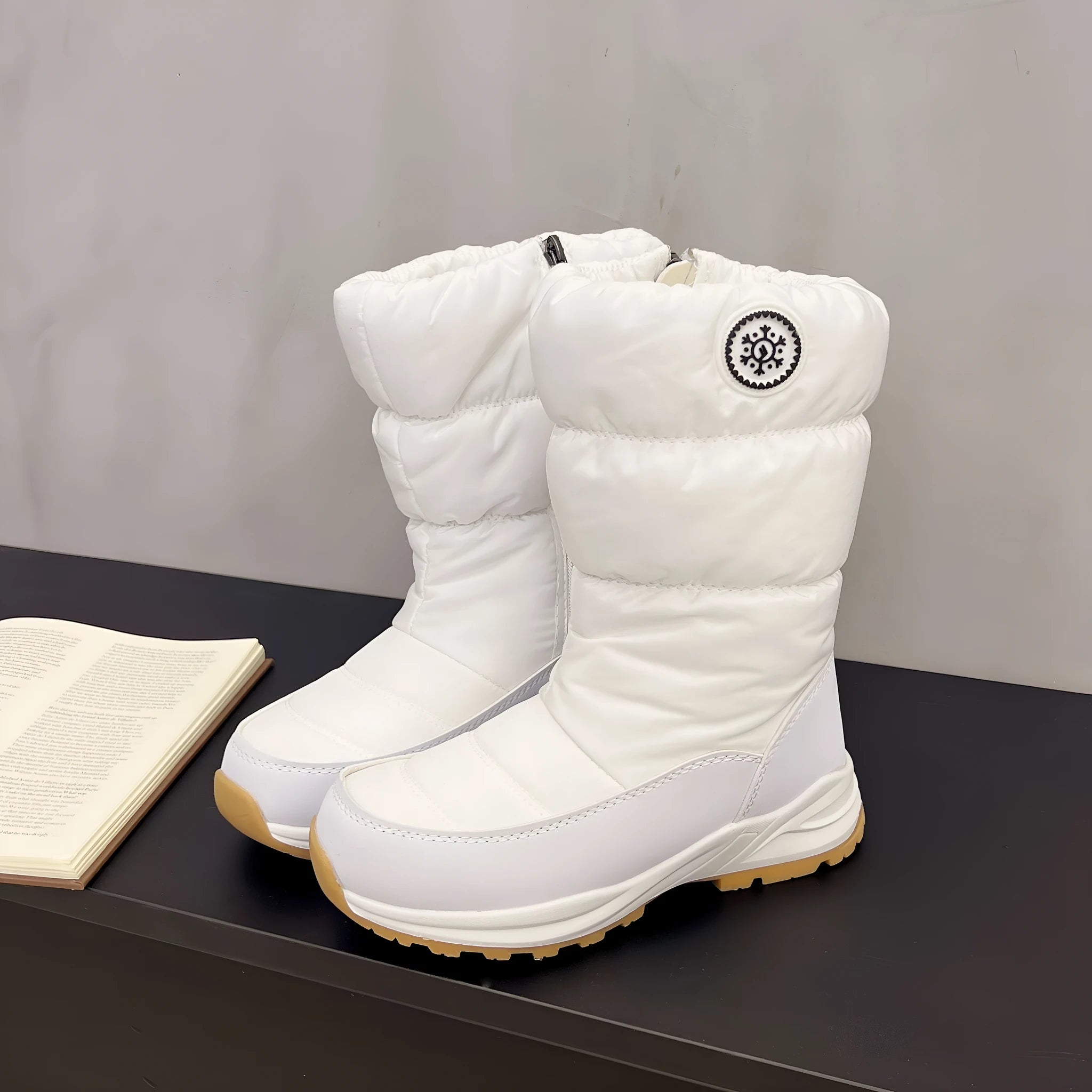 Women’s thickened cotton mid-calf snow boots with side zipper and chunky heel in black waterproof silk upper