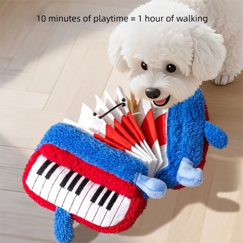 Accordion-shaped dog squeak toy in blue and white for interactive play and stress relief