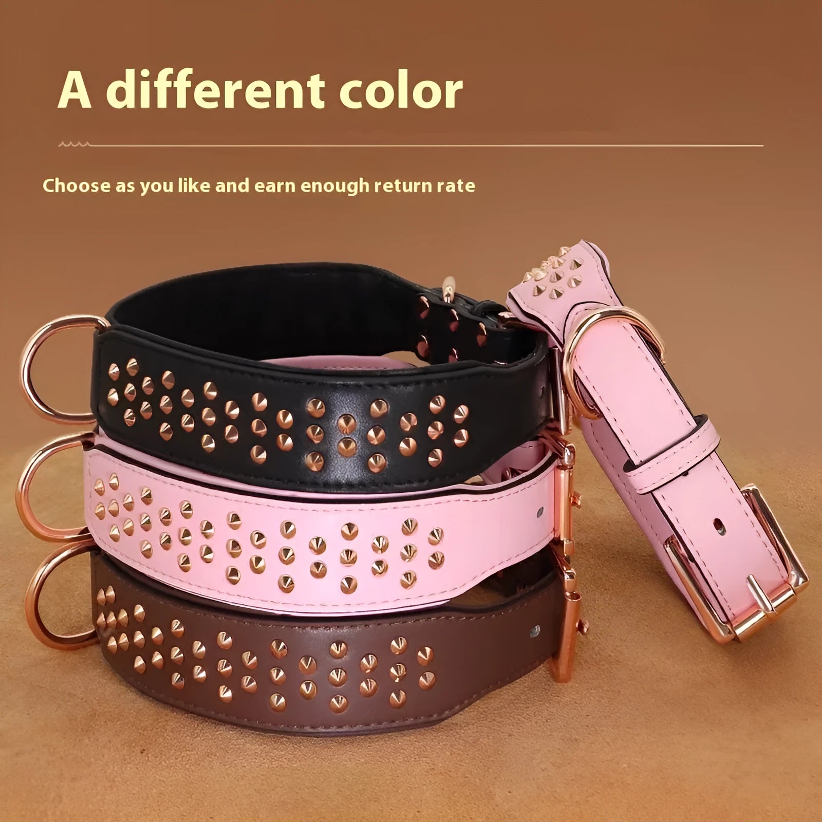 Leather dog collar with metal rivets in black, chocolate, or pink for large breed training