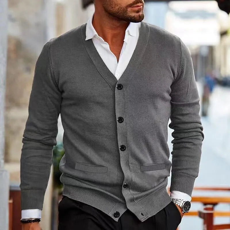 Men's slim fit acrylic cardigan sweater in beige colour, shown on a model.