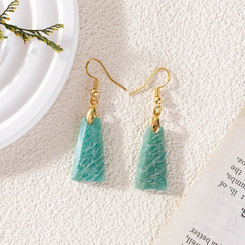 Amazonite rough stone trapezoid earrings with geometric octagon shape and gold plating