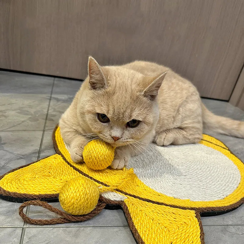 Yellow corgi butt design cat scratching pad with natural sisal surface on anti-slip base